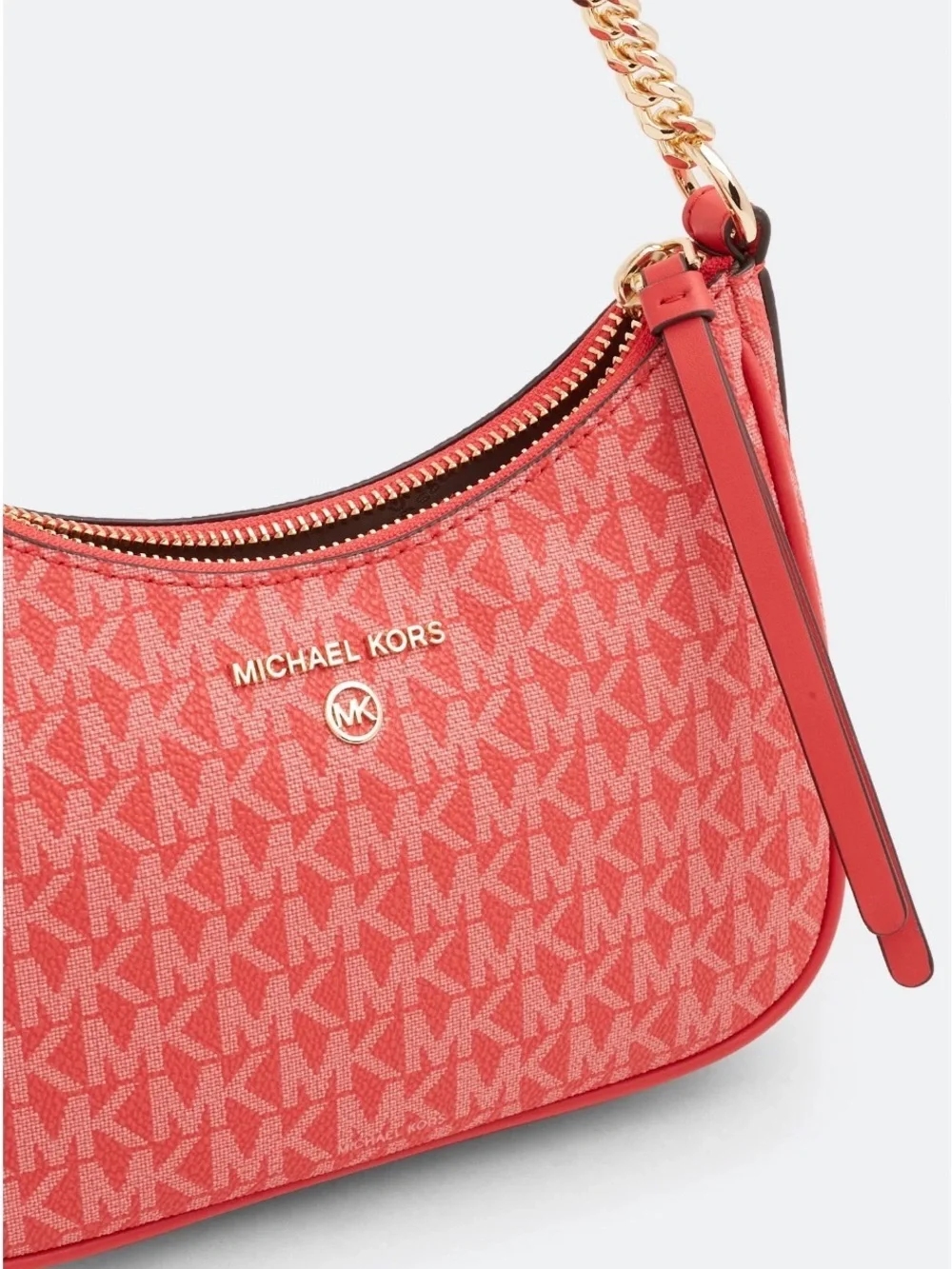💯% Auethentic Michael Kors Coral Red MK Monogram Hobo with Gold Chain